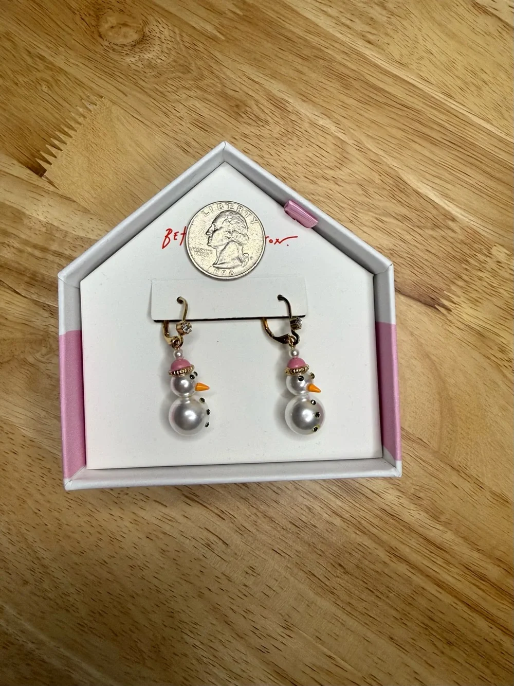 Betsey Johnson Pink Pearl Snowman Drop Earrings NWT